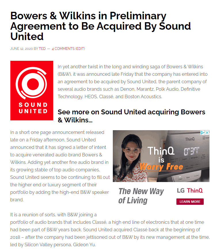 Photo of Bowers & Wilkins story in which they are said to be in preliminary acquisition discussions