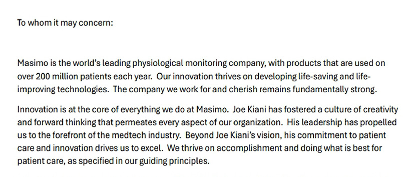 Masimo employee letter of support for Joe Kiani