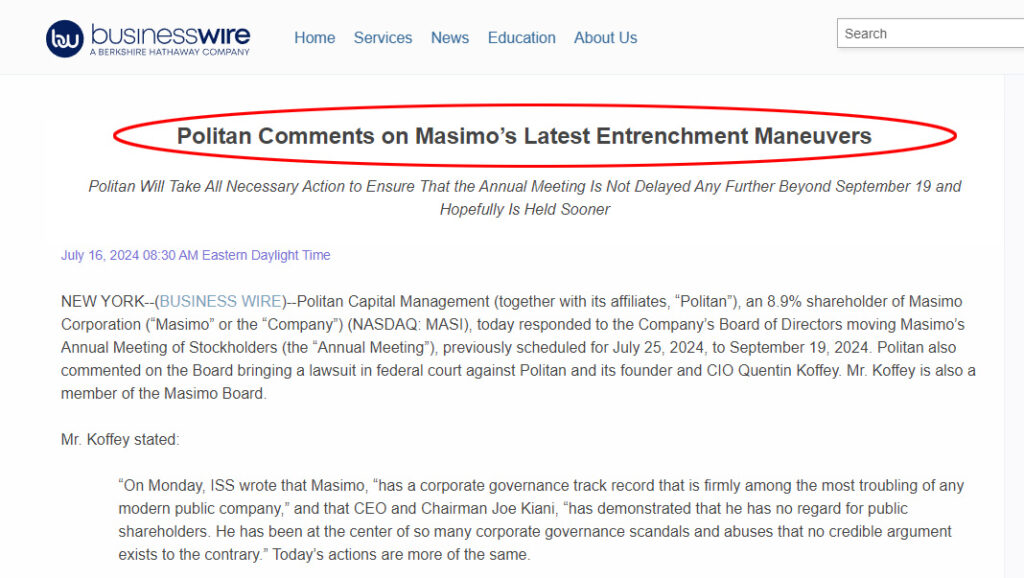 Politan comments on Masimo entrenchment