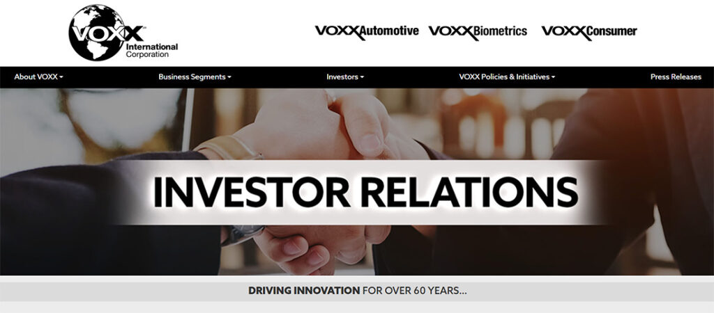 Investor Relations page on Voxx website
