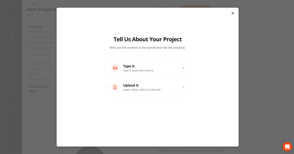 Portal input page where AI Proposal process starts