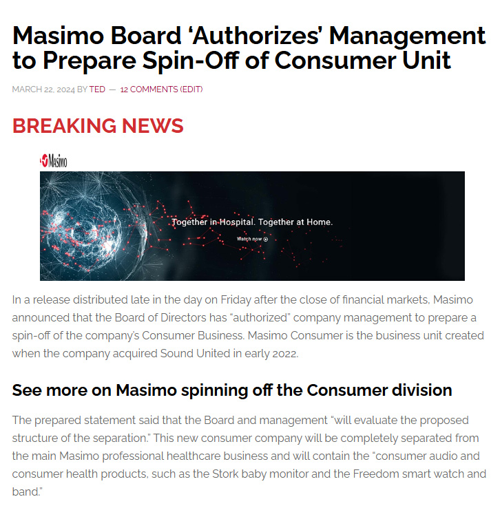 Strata-gee story on Masimo Board authorizing Sound United spin-off