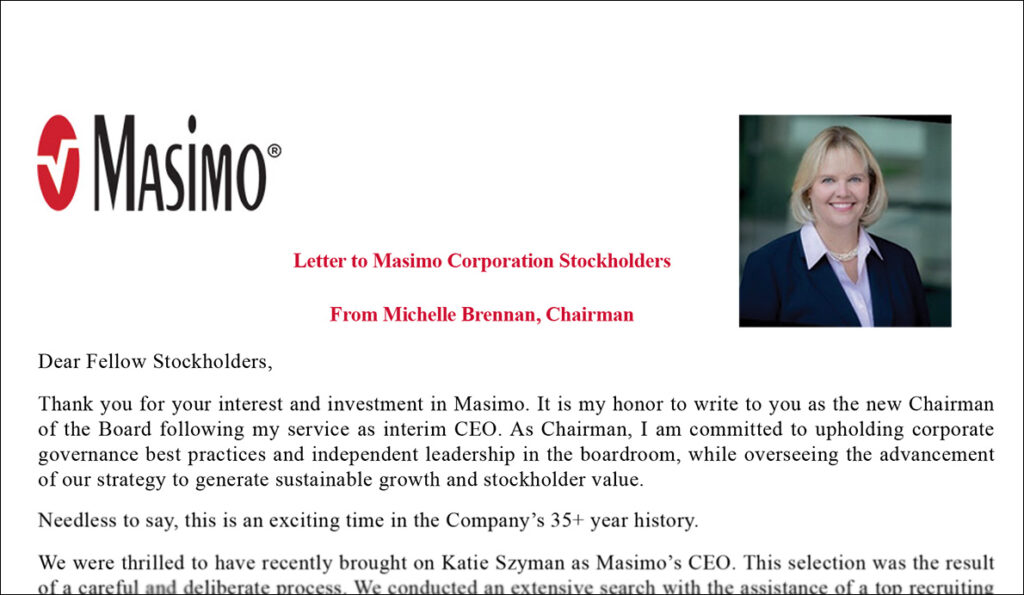 Masimo Chairman Michelle Brennan letter to investors