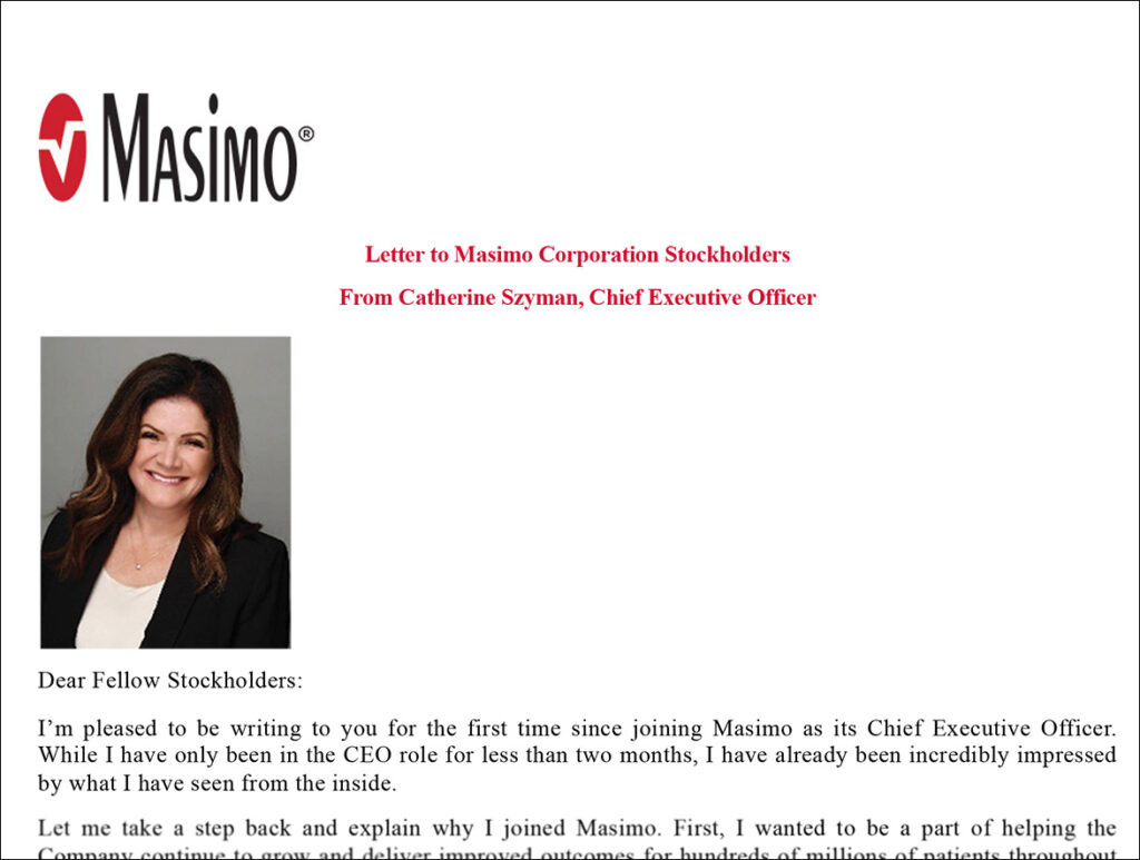 Masimo CEO Katie Szyman letter to investors